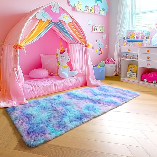 Amdrebio Purple Rainbow 2x6 Runner Area Rugs for Bedroom Girls Room Decor, Colorful Bedside Mermaid Stitch Frozen Kids Rugs for Playroom Nursery Dorm, Fluffy Furry Cute Kawaii Carpet for Baby Toddler