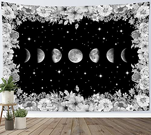 LB Moon Phase Floral Tapestry, Black and White Moon...