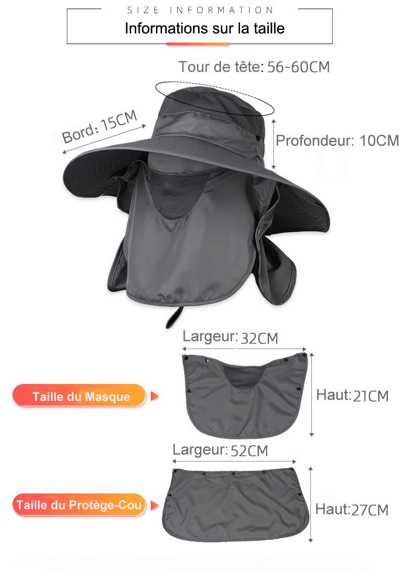 Casquette Safari Homme UPF50+ Avec Protège-Nuque Amovible – Chapeau Pêche Randonnée Plage Anti-UV 360°