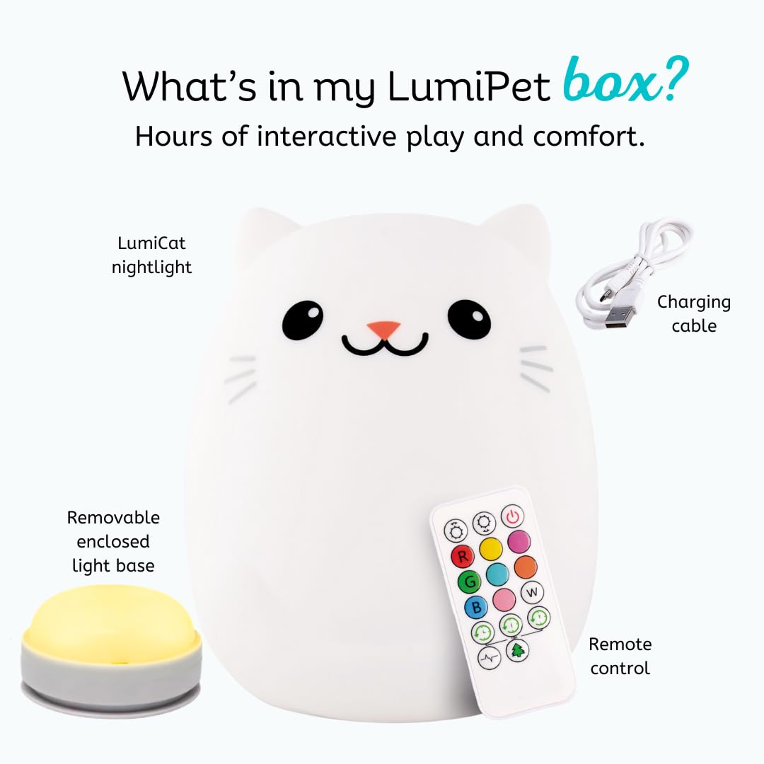 Lumipets Clive the Cat Squishy - Luz nocturna de silicona para niños, bonita luz nocturna con control remoto y táctil para dormitorios de bebés y niños pequeños, luz nocturna portátil que cambia de