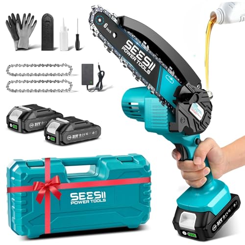Mini Kettensäge mit Akku 4000mAh, SEESII 6 Zoll Mini Kettensäge Elektro mit Automatischer Öler und 2 Akku 2000mAh, Handkettensäge Akku für Gartenscheren Astschere Holzschneidenz