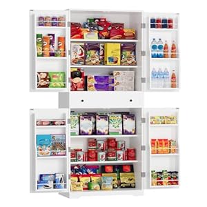 VOWNER Credenza Cucina, Mobile Buffet, Credenza, Mobile Dispensa, Armadio Dispensa, 4 Ripiani Regolabili, 12 Ripiani su Ante, MDF, 183H x 76W x 40Lcm (Bianco)