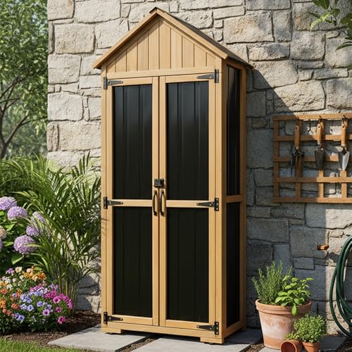 PetsCosset Outdoor Storage Cabinet Waterproof Outdoor Storage Shed with Shelves Wood & Metal Patio Backyard Garden Storage Cabinet Tool Organizer for Outside
