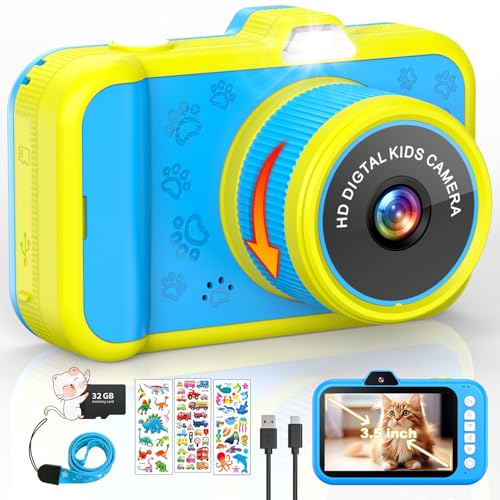 CHAKEYAKE Kids Camera, 3.5" Large Display Kids Digital Camera with 360° Rotating Zoom Lens, Selfies, LED Flash, 48MP Toy Camera with 32G Card, Birthday Gift for 3 4 5 6 7 8 9 10 Year Old Kids (Blue)