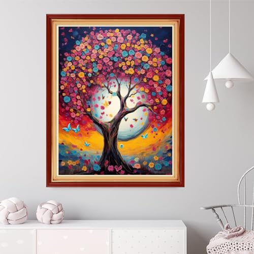 Image of Dooxvey Cross Stitch Kit for Adults Beginners - Stamped Needlepoint Embroidery Kit, 11CT Pattern Colorful Moon Tree, 16x20 Inch