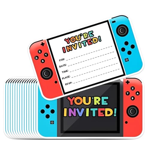 YUVKIN 15 tarjetas de invitación, perfectas para fiestas de cumpleaños infantiles, reuniones de juegos y citas para jugar, con diseños de mandos de videojuegos.