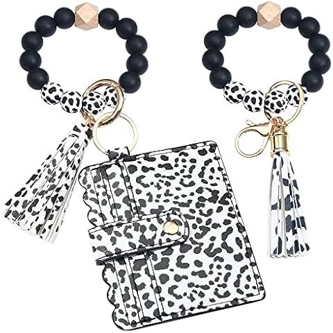 Kakonia 2Pcs Silicone Key Ring Bracelets Beaded Wristlet Keychain Bracelet for Women With Card Holder Leather Tassel (Cow) Cover