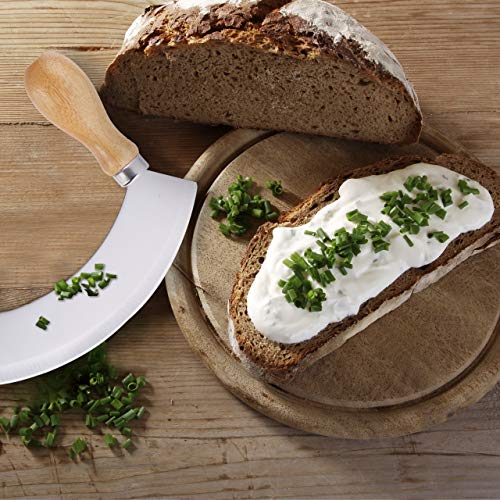 Foto von Relaxdays Wiegemesser mit Brett, einschneidige Klinge für Kräuter, mit Mulde, Edelstahl & Bambus, HxD: 2 x 20 cm, natur, Silber