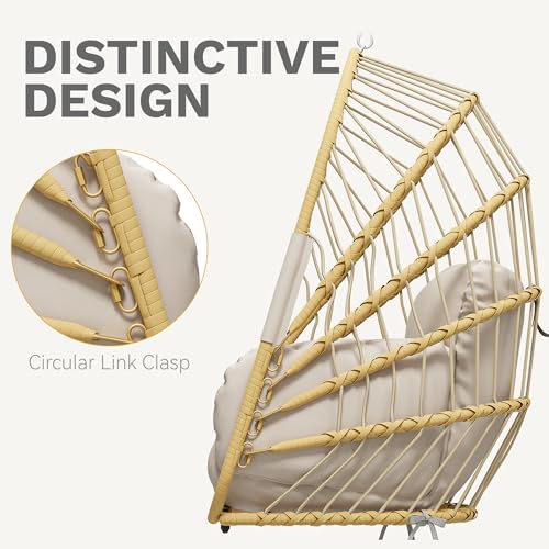 DWVO Wicker Swing Egg Chair 300lbs Capacity - Foldable Hanging Hammock with Cushions & Stand, Indoor/Outdoor Patio Swing Chair for Bedroom, Garden, Balcony (Beige)