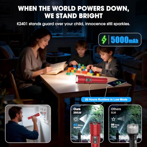 Image of Tactical Flashlight Super Bright High Lumens Rechargeable LED Flash Light | 5000ft Beam, 5000mah, 20H Long Lasting, USB C Charging, Zoomable 5 Modes, Waterproof for Camping Hiking Emergency Men Gift