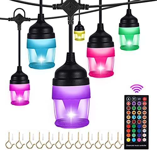 Outdoor String Lights LED Waterproof RGB Dimmable Colored Music Sync Magic Hanging Strand Lights Outside Exterior Patio Backyard Cafe Porch Party Garden Ambient Atmosphere Holiday White/Warm White