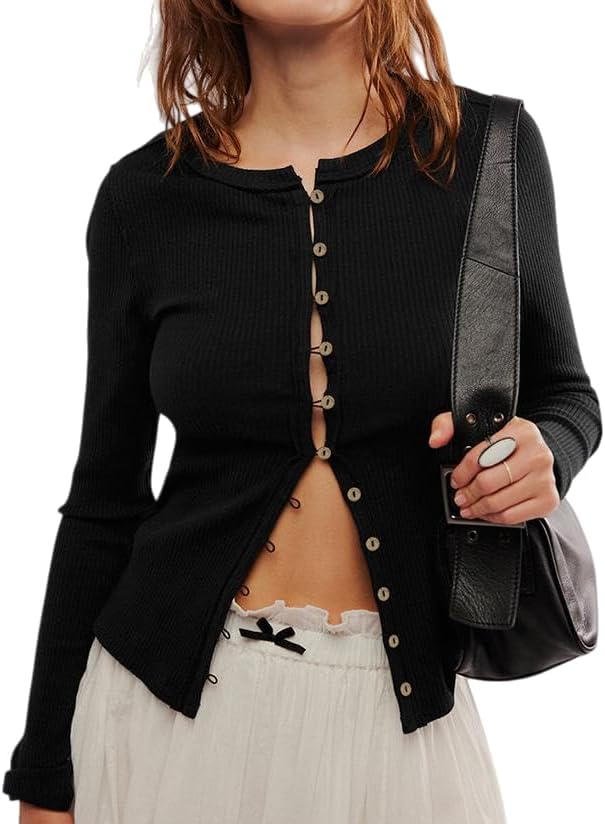 Womens Long Sleeve Tops Lightweight Stretchy Cardigan Cropped Going Out Shirts Ribbed Button Down Cute Trendy