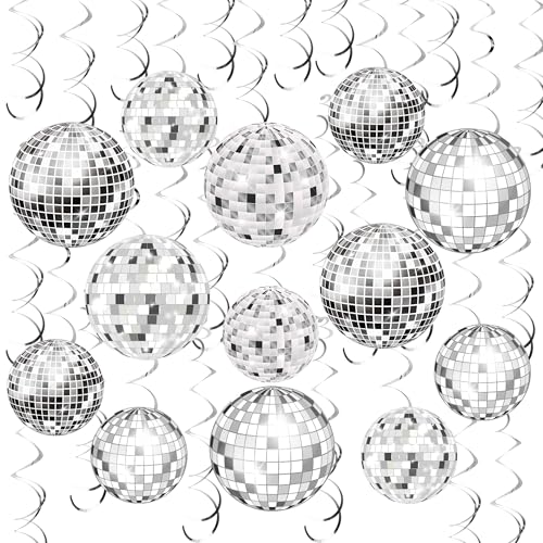 Image of 54 Pieces Disco Party Decorations Sliver Disco Ball Hanging Swirls 70s Ceiling Decor for 70s Fever Birthday Party Supplies