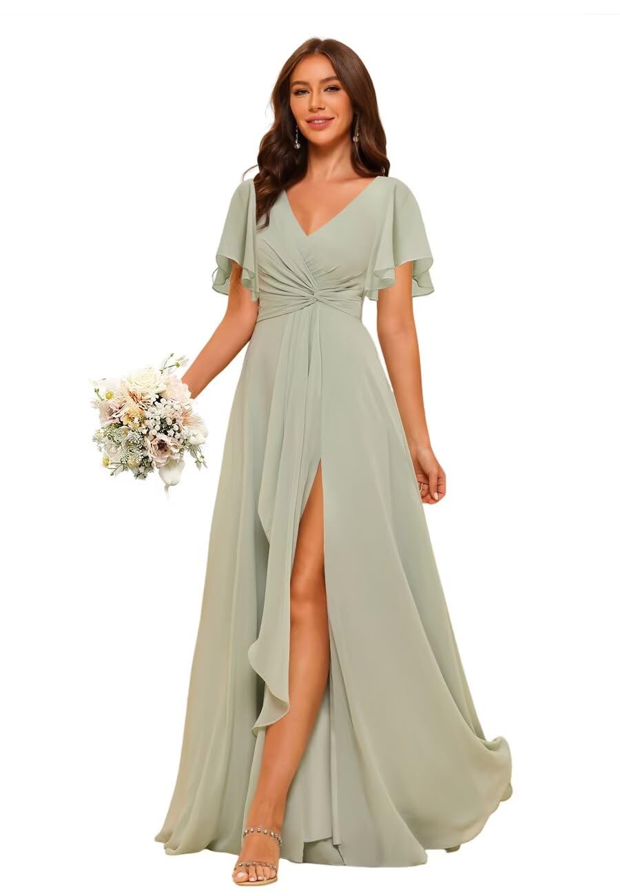 PUXIU Women's Chiffon Bridesmaid Dress 2026 Short Sleeves Maxi Dress PUS032