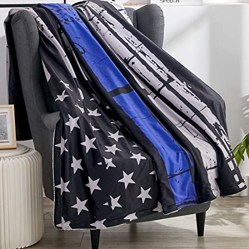 Patriotic US Blue Flag Bed Blanket Law Enforcement Sherpa Throw Blanket American Fleece Plush Soft Cozy Warm Reversible Blanket for Couch 70\"x78\"-Travel Stripe Throw for 4th of July Independence Day