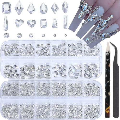 HNUIX Nail Rhinestones - 3D Multi Shape Size Crystal Clear Nail Gems Flat Back with Kit for Nail Art DIY Decorations