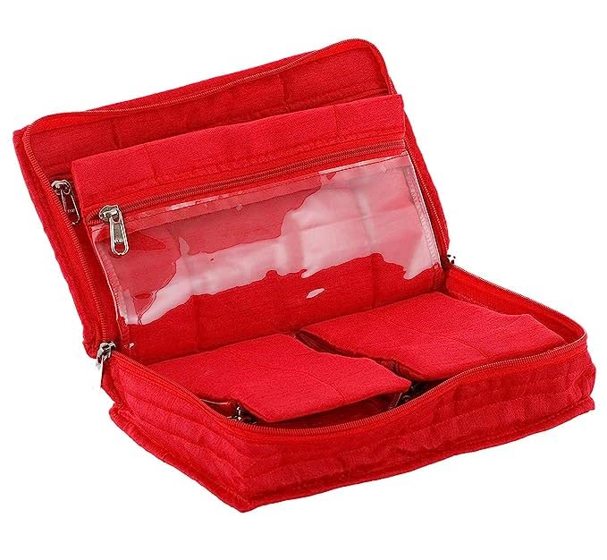 ANSARI HANDICRAFT ANAZONKART(TM) Cotton Jewellery Kit| Fancy Embroidered Front With Zipper closure|2 Large & 4 Small Pockets|Size 27 x 16 x 7 CM, Pack of 1 Piece(Colour Red)