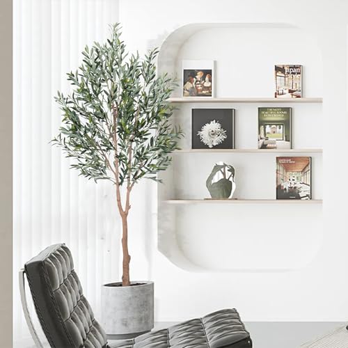 Olive Tree Artificial Plant 7FT, Artificial Olive Tree with Basket Mediterranean Silk Screened Broad-leaved Olive Tree Realistic Fruit, Lifelike Nordic Style Home Aesthetic Hotel Store Decor