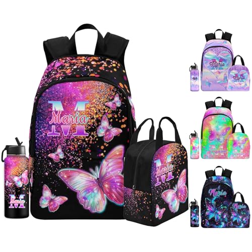 Personalized Backpacks for Girls with Lunch Bag, Customized Backpack Girls Kids Bookbag Lunch Box Water Bottle Set, Pink Butterfly Casual Daypacks Schoolbag for Back to School Elementary