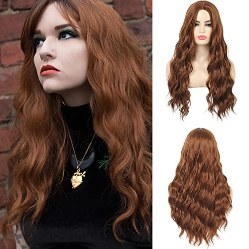 Dai Cloud Long Curly Wavy Brown Wig for Women Middle Part Heat Resistant Hair Wigs Halloween Cosplay Daily Use (Brown)