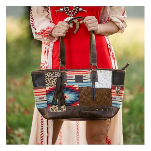 Image of STS Ranchwear Women's Genuine Leather /Cowhide /Cotton Blend Chaynee Mountain Tote Bag With Dual Leather Carry Handles w /Accents & Fringe