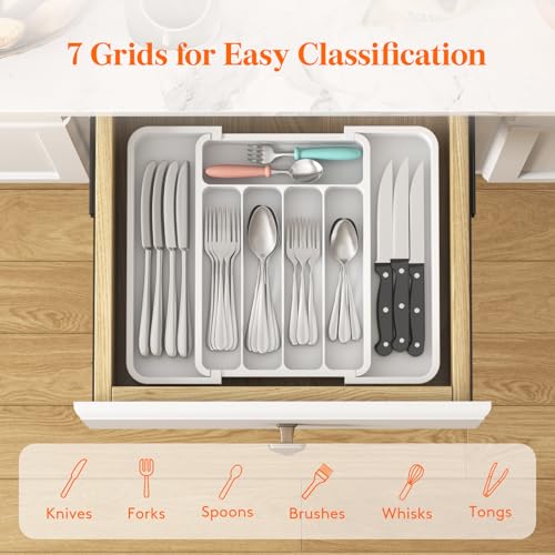 Lifewit Silverware Drawer Organizer, Expandable BPA Free Utensil Tray for Kitchen, Adjustable Flatware and Cutlery Holder for Spoons Forks Knives, Plastic Kitchen Organizers and Storage, White - 5