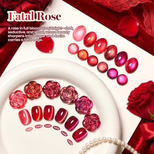 Image of Beetles Red Cat Eye Gel Nail Polish Set - Fatal Rose 6 Colors 15ML Full Size Glitter Red Gel Polish Kit Glass Cat Eye Magnetic Effect Soak Off UV Nail Art DIY Salon at Home Gift for Women