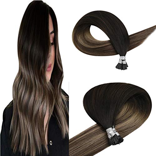 JoYoung I Tip Human Hair Extensions Balayage Natural Black to Ash Blonde with Dark Brown Human Hair Itip Extensions Balayage Pre Bonded Human Hair Ext