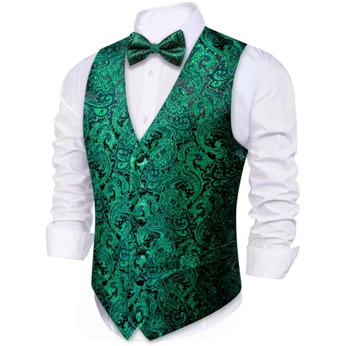Barry.Wang Men's Waistcoat Bowtie Set Paisley Jacquard Silk V-Neck Vest Handkerchief Cufflinks Formal/Leisure Wedding Party