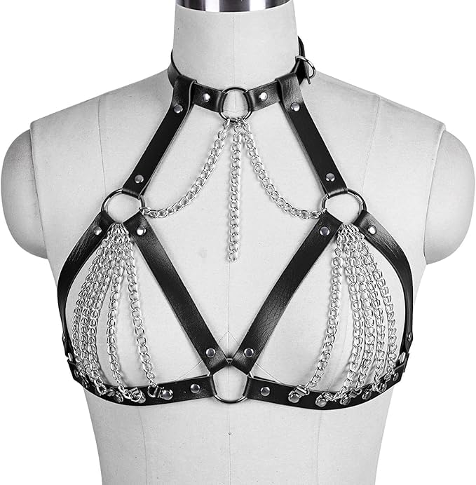 Leather Bra CageStyle Shoulder Strap,Punk Layered Chest Chain,Punk Black Leather Chest Harness Body Waist Chain Belt Rave Nightclub Belly Bra Jewelry Accessor for Halloween Carnival4