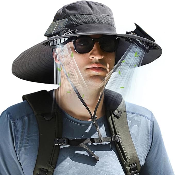 Image of Solar Fan Hat, Wide Brim Sun Hat with 2 Solar Fan,for Outdoor Hiking Gardening, USB Solar Charging(Grey)