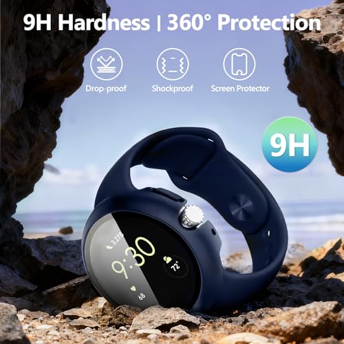 Image of 2Pack Watch Cases Compatible with 41mm Google Pixel Watch 4, Charge with Case On, HD Tempered Glass Screen Protector, Touch-Sensitive, Shockproof, Blue + Clear
