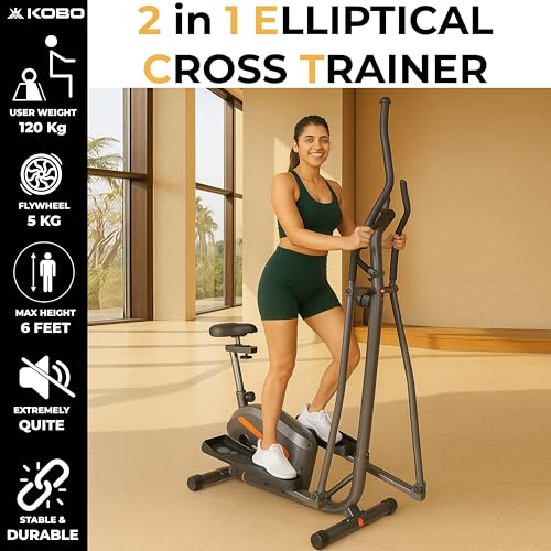 Image of Kobo Elliptical Cross Trainer for Home with 6 Kg Flywheel | Full Body Cardio Workout Machine | Adjustable Resistance | LCD Display | Max User Weight 130 Kg