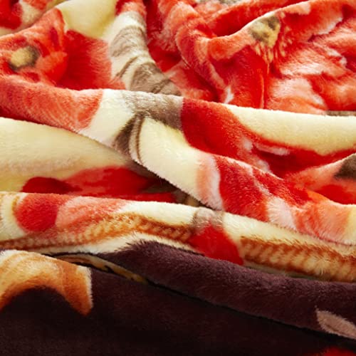 Oversized Heavyweight Korean Style Fluffy Mink Fleece Throw Blanket - 78x86 Inches, Red Fuchsia Peony Pattern