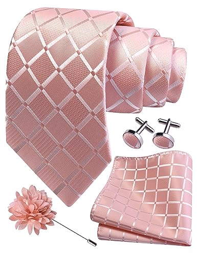 Image of GUSLESON 3.15 inch(8cm) Mens Tie and Lapel Pin Plaid Checkered Necktie Hankerchief Cufflinks Set for Men