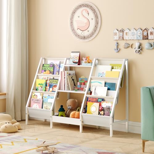 Image of MAHANCRIS Kids Bookshelf and Toy Organizer, 3-Tier Bookshelf for Kids, Sturdy Kid Bookcase with Storage, Toddler Book Shelf for Kids Room, Playroom, Bedroom, Nursery, White BKWT34201