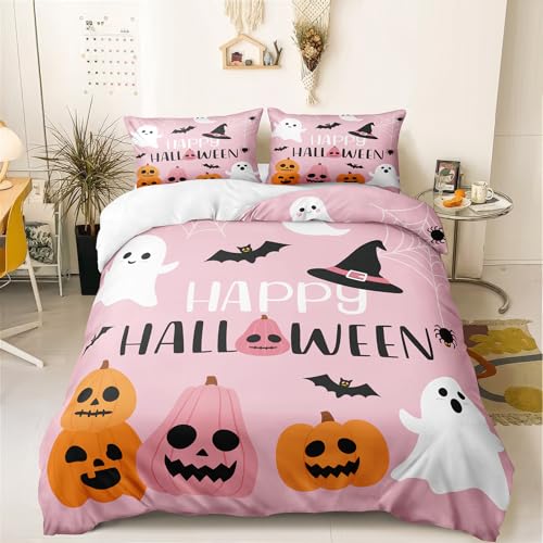 Cute Halloween Bedding King Pink Pumpkin Duvet Cover Set White Ghost Black Bat Spider Web Spooky Cartoon Pattern Girls Teens Halloween Decor Extra Soft Durable Comforter Cover