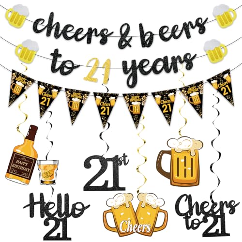 Black Gold 21st Birthday Decorations for Him Men, Glitter Pre-Strung Cheers to 21 Years Banner Hello 21 Hanging Swirls Paper Triangle Flag Banner Decorations Bday Party Supplies Kit