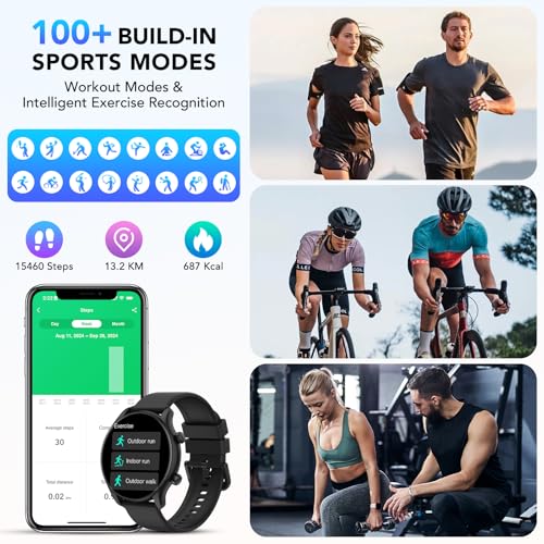 Smartwatch Herren Damen Rund mit Telefonfunktion,1.39" HD Uhr,100+ Sportmodi Watches for Men,Fitnessuhr Herren mit SpO2 Pulsuhr Schlafmonitor,IP68 Wasserdicht,für iOS Android, Mattes Schwarz – Bild 4