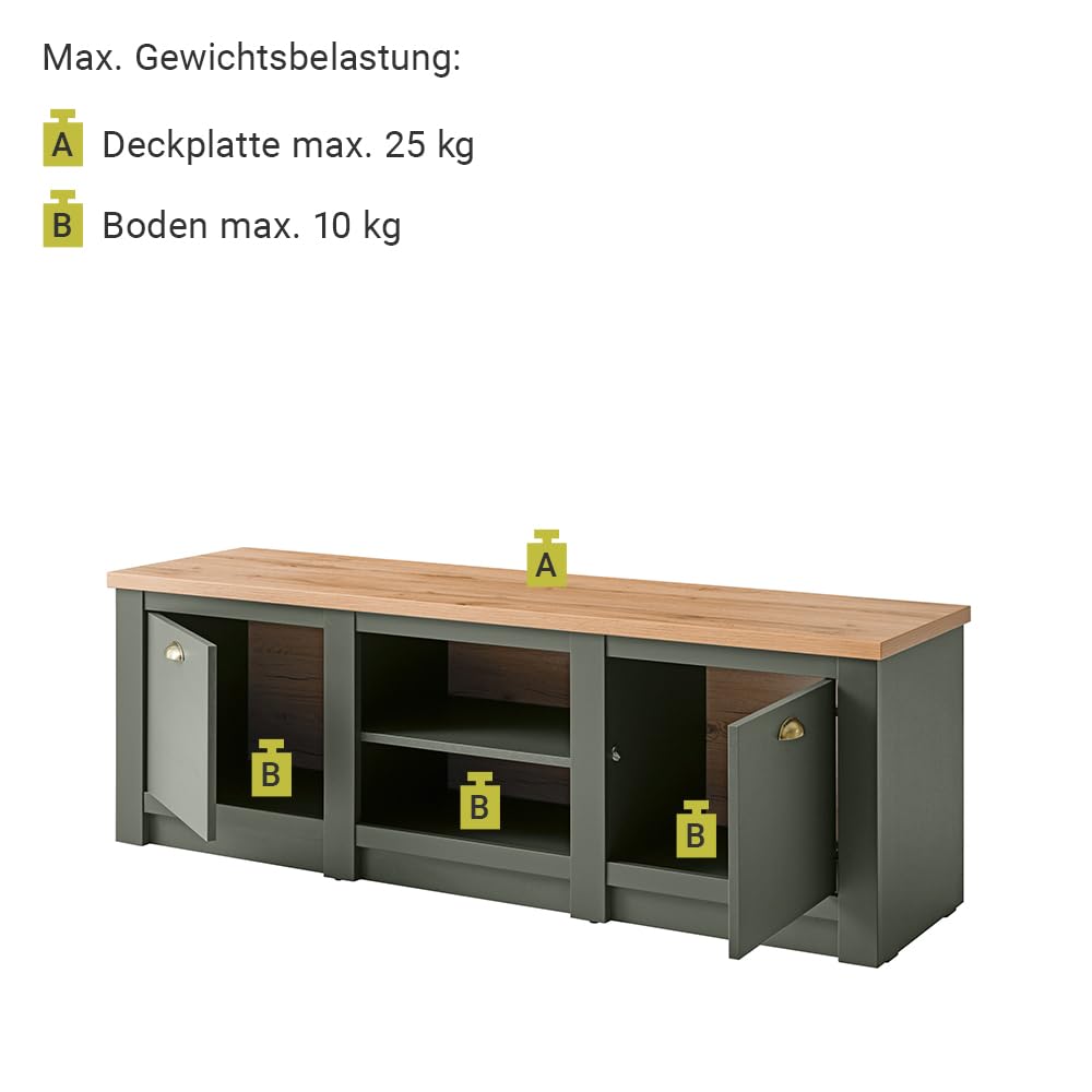 Lomadox Landhaus Wohnwand Set mit Anrichte, grün mit Wotan Eiche, mit Beleuchtung, Regalschrank, Standvitrine, TV-Lowboard, Wandregal und Sideboard