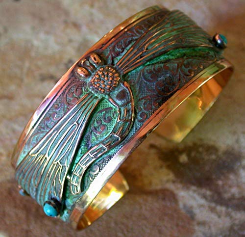 Elaine Coyne Verdigris Patina Decorative Dragonfly Wearable Art Cuff Bracelet - Turquoise