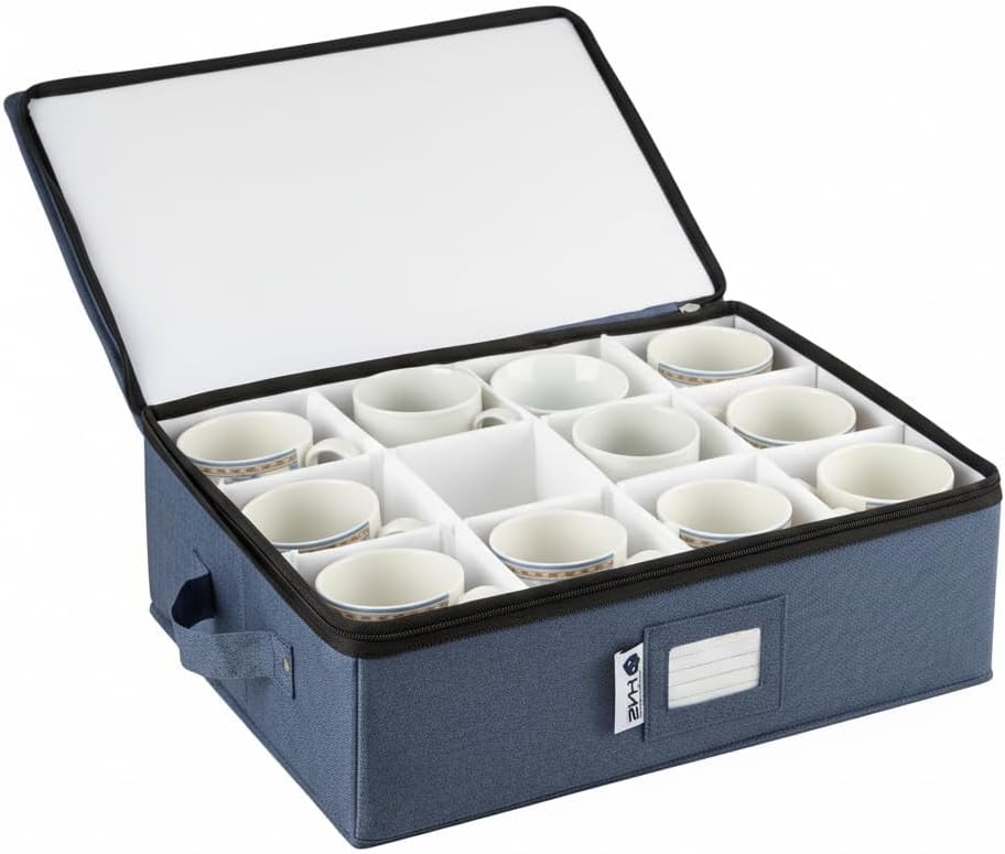Mug Storage Container, Hard Shell China Organizer | Holds 12 Mugs, Padded Dividers, Durable & Stackable Storage Box for Seasonal Dishware Protection, Denim Blue