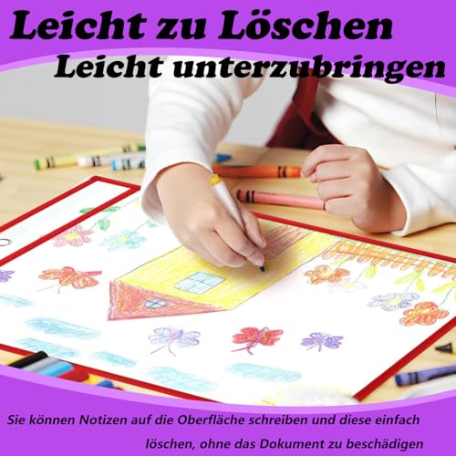10 Stück Dry Erase Taschen, Wiederverwendbare A4 Trocken Abwischbare Taschen mit 10 Whiteboard-Stiften, 2 Radiergummis und 2 Edelstahl Ringe, Dry Erase Pockets A4 für Schule Home oder Arbeit