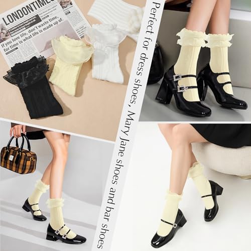 Image of Zando Women's Ruffle Socks Lace Frilly Ankle Socks - Soft Stretchy Cute for Dress Shoes, Sneakers, and Casual Outfits