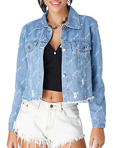 Hotmiss Women's Denim Jacket Long Sleeve Classic Distressed Fray Hem Jean Trucker Jackets