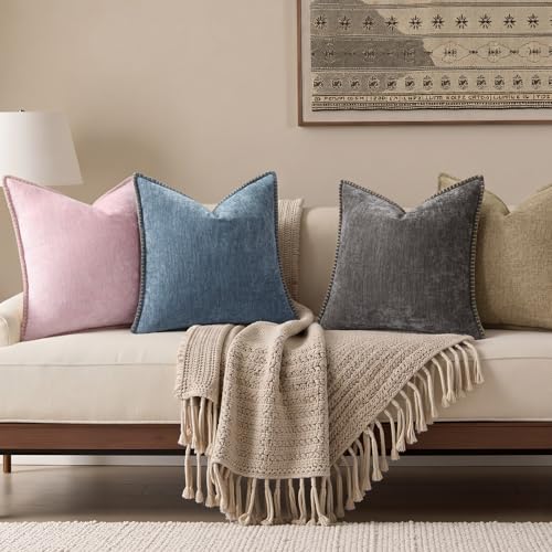 Image of decorUhome Fall Chenille Soft Throw Pillow Covers 24x24 Set of 2, Farmhouse Velvet Neutral Decorative Euro Sham Pillow Covers with Stitched Edge for Couch Sofa Bed Home Decor, Dark Grey
