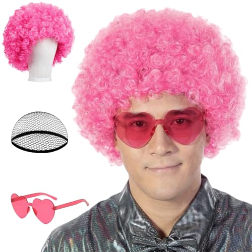 FREE BEAUTY Fluffy Afro Synthetic Clown Wig for Men Women Cosplay Anime Party Christmas Halloween Fancy Funny Wigs (Pink)
