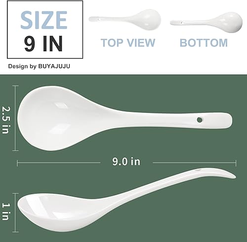 Miniatura 2 de Mini cucharones de porcelana, cucharas grandes de sopa de 9 pulgadas, 6 cucharones blancos de primera calidad para guisos, fideos chinos, cucharas