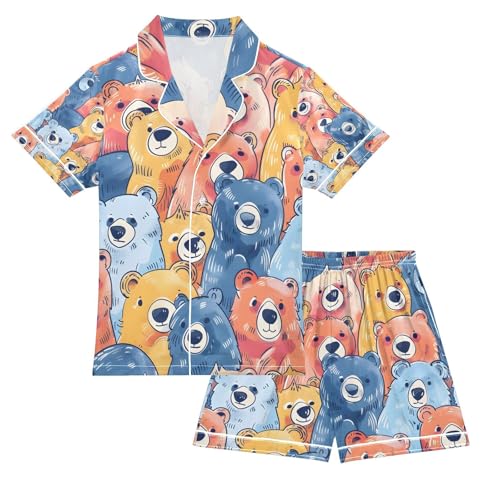 senya Colorful Cute Bears A Satin Summer Pajama Sets Silk Short Sleeve Button Down Sleepwear