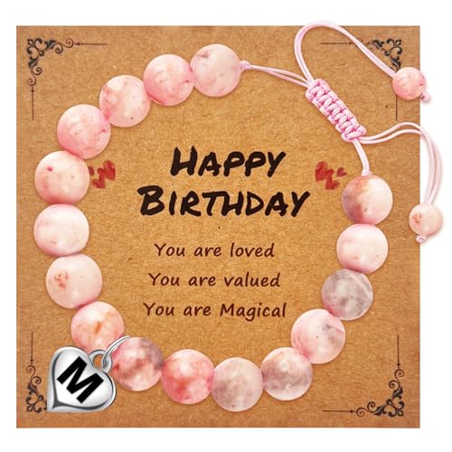Initial Letter Birthday Graduation Gifts for Her, Adjustable Beaded Natural Stone Bracelet with Heart Charm for Daughter, Niece,Sister and Friend